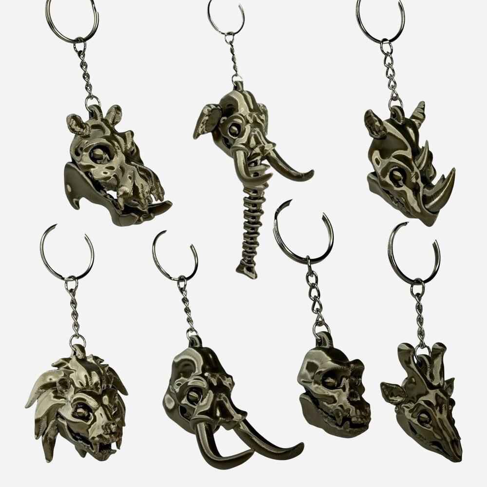 Skeleton Animal Set of 7 Keychains Gothic Metallic Wildlife Skull Accessories